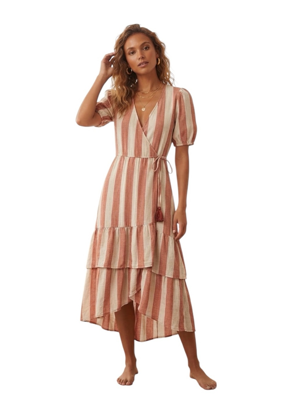 Knox Rose Rust and Cream Striped Wrap Cotton Midi Dress Size XS